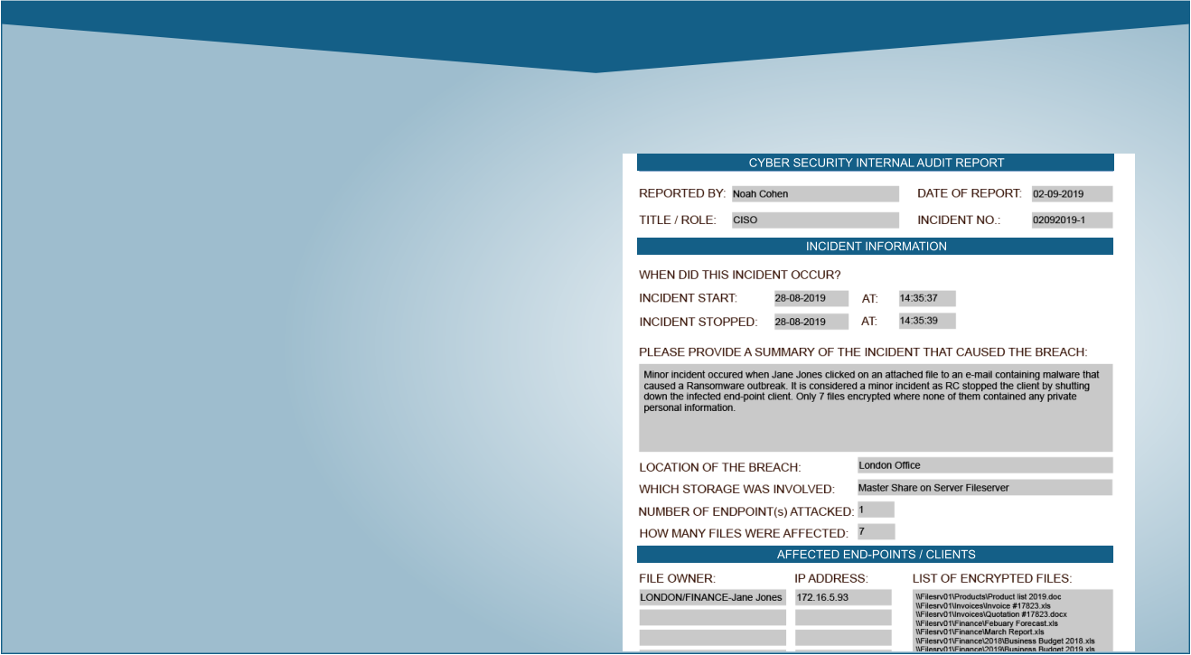 CYBER SECURITY INTERNAL AUDIT REPORT INCIDENT INFORMATION AFFECTED END-POINTS / CLIENTS